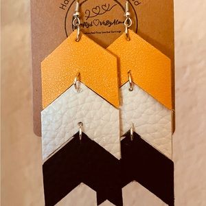 Chevron-3 Layers, Yellow-Mustard, White & Black Faux Leather Earrings